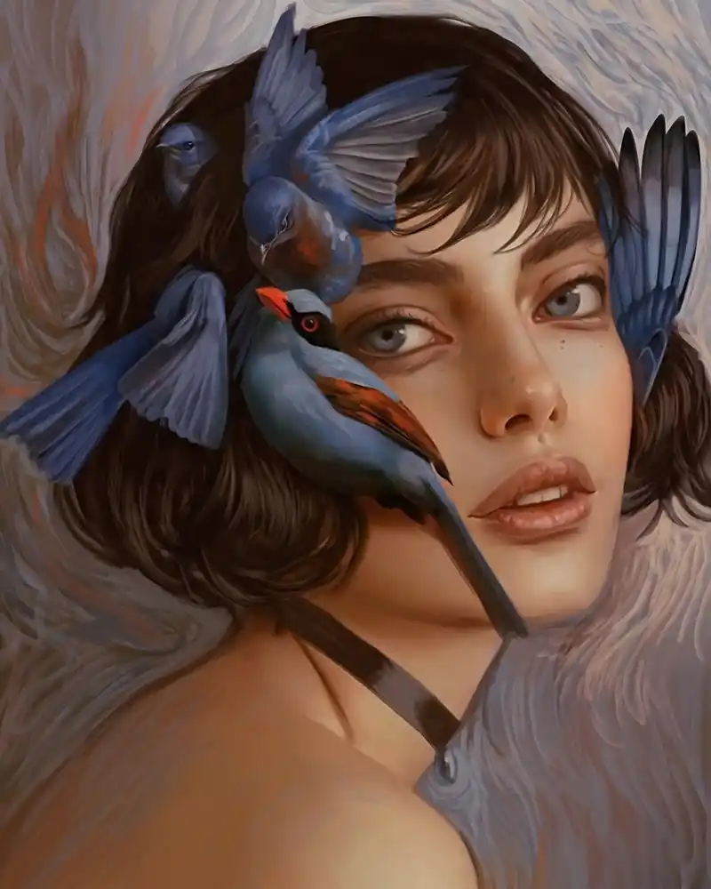 Blue birds on a beautiful girl's face